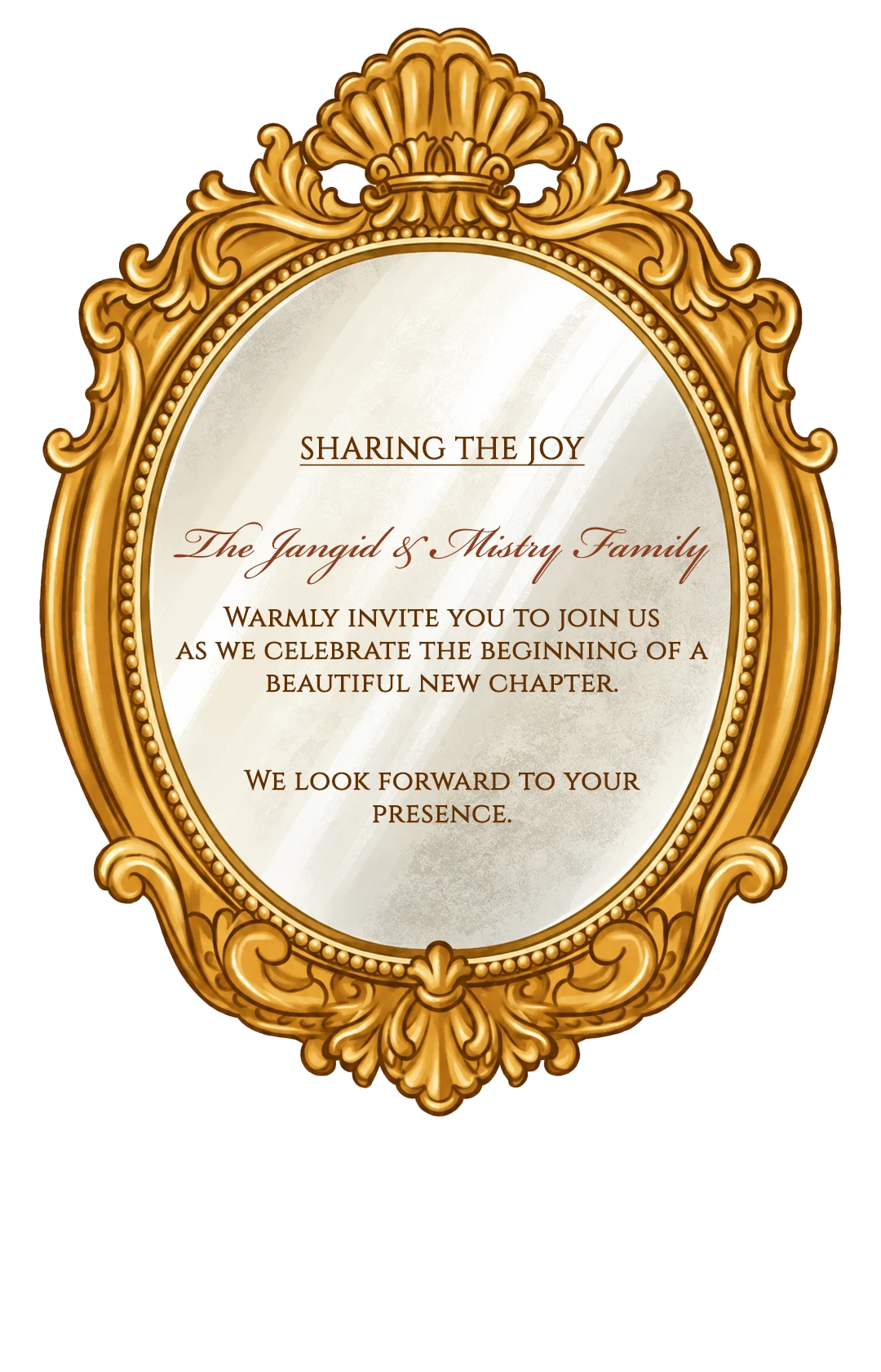 Sharing the joy — The Jangid and Mistry Family warmly invite you to join us as we celebrate the beginning of a beautiful new chapter. We look forward to your presence.